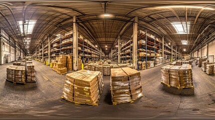 Poster - Spacious Warehouse Interior with Stacked Wooden Pallets and Shelving