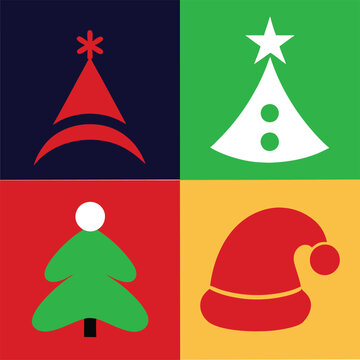  4 different vector Christmas icon of Christmas Tree, Christmas hat.