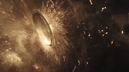 Poster - Metallic Disc Surrounded by Sparks and Smoke in Dramatic Lighting
