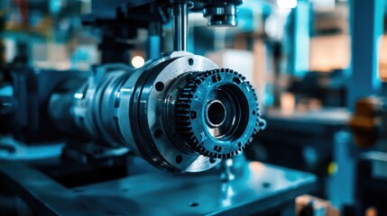 Poster - Precision Machinery Part Close Up in Industrial Workshop Setting