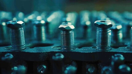 Poster - Close-Up View of Metal Bolts and Nuts on Industrial Background