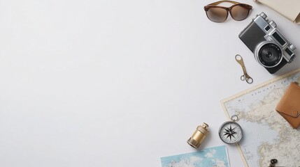 Aufkleber - Explore your next adventure with travel essentials like a map, compass, camera, and sunglasses on a clean background. Generative AI