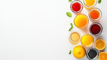 Poster - A vibrant collection of various drinks like juice, soda, and tea displayed against a clean white background, leaving room for text. Generative AI
