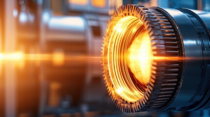 Poster - Advanced Momentum Generator with Glowing Elements in an Industrial Setting