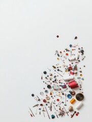 Poster - Essential sewing items including needles, threads, and buttons arranged artistically on a white surface, leaving room for additional text. Generative AI