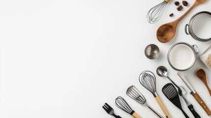 Poster - Various kitchen tools including spatulas, whisks, and pots are neatly displayed on a white surface, creating an inviting cooking atmosphere. Generative AI