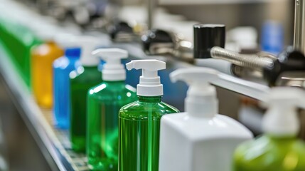 Poster - Production Line of Colorful Bottles in a Manufacturing Facility