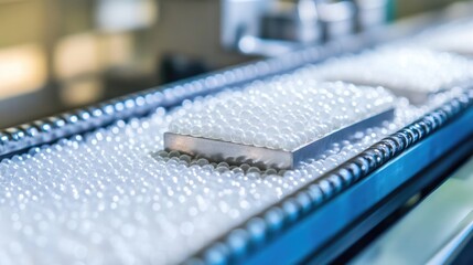 Poster - Industrial Process with White Balls on Conveyor Belt in Factory