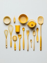Aufkleber - Colorful kitchen utensils including spatulas, whisks, and small pots are artfully arranged on a bright white background, offering space for text. Generative AI