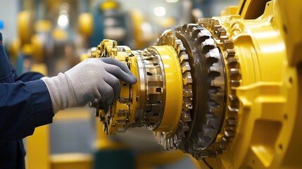 Poster - Precision Engineering with Yellow Machinery Part in Factory Setting