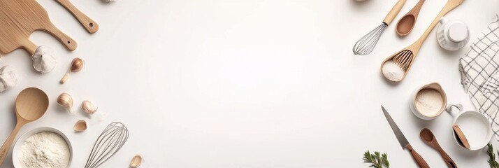 Aufkleber - Various kitchen utensils such as spatulas, whisks, and small pots are neatly arranged on a white background, providing ample space for text. Generative AI