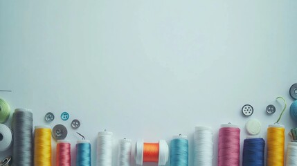 Poster - Colorful sewing essentials like threads, buttons, and needles are neatly displayed on a clean white background, perfect for craft enthusiasts. Generative AI