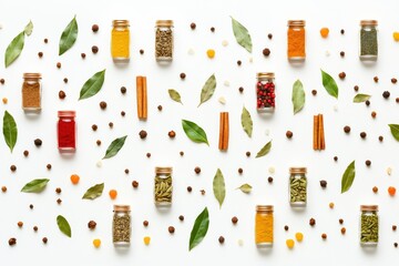 Aufkleber - A vibrant display of small jars filled with spices, accented by bay leaves and cinnamon sticks, offers a delightful array of colors and aromas. Generative AI