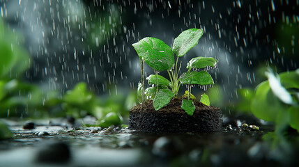 Poster - vibrant plant thriving in rainforest, surrounded by rain and greenery