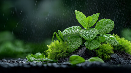 Poster - vibrant green plant with raindrops, showcasing lush foliage and moss