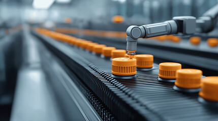 Leinwandbilder - Automated robotic arm performing quality control on orange bottle caps