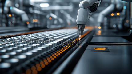 Poster - robotic arm performing quality control on production line, showcasing precision and technology