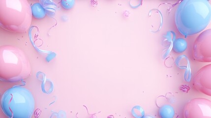 Wall Mural - Frame made of pastel pink and blue balloons, curly ribbons, colorful streamers generative ai