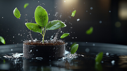 Poster - vibrant plant emerging from water, surrounded by splashes and leaves