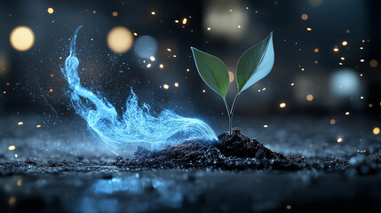 Poster - vibrant plant emerging from soil with water dynamics and glowing effects