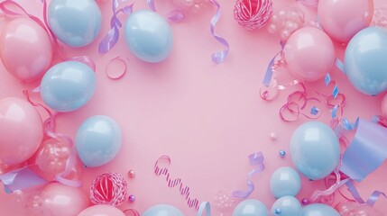 Wall Mural - Frame made of pastel pink and blue balloons, curly ribbons, colorful streamers generative ai