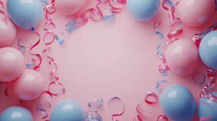 Wall Mural - Frame made of pastel pink and blue balloons, curly ribbons, colorful streamers generative ai