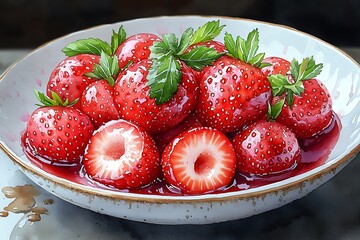 Canvas Print - A Bowl of Fresh Strawberries in a Red Glaze, a Watercolor Painting.