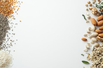 Poster - Colorful seeds, nuts, and herbs are displayed on a white background, inviting exploration and creativity for healthy cooking and recipes. Generative AI