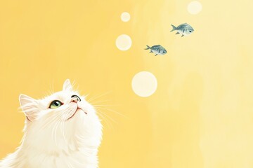 Poster - A fluffy white cat curiously gazes at fish-filled circles against a bright yellow background, adding to the whimsical vibe. Generative AI