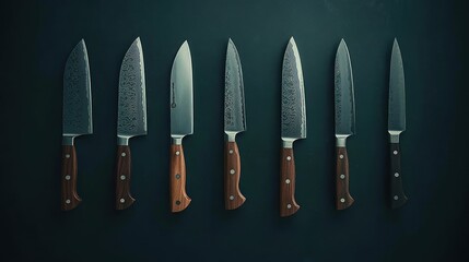 Set of chef knives with wooden handles, arranged in a row, professional look, isolated on dark background 