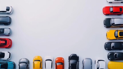 Poster - A collection of miniature car models in various colors is neatly arranged on a white surface, providing ample space for custom text or designs. Generative AI