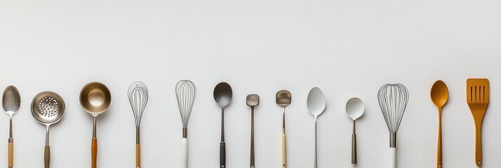 Aufkleber - A carefully arranged flat lay of kitchen utensils features spatulas, whisks, and spoons on a white background, offering ample space for text. Generative AI