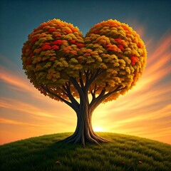 Wall Mural - Autumn tree in heart shape on the mountain against sunrise sky