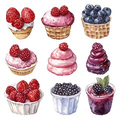 Canvas Print - A watercolor illustration of assorted berry desserts in waffle cones and cups, perfect for summer menus or food blogs.