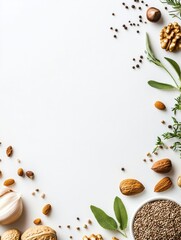 Poster - Assorted organic seeds, nuts, and fresh herbs create a natural border on a white background, providing ample space for additional text. Generative AI