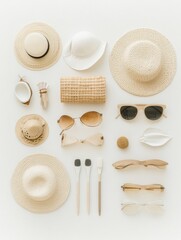 Poster - Brightly colored summer accessories like sunglasses and sunscreen are neatly arranged on a white background, providing ample space for custom text. Generative AI