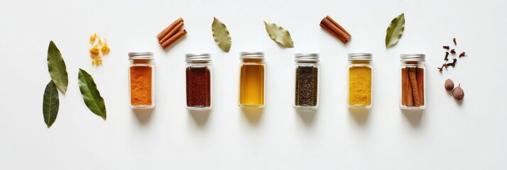 Aufkleber - Small jars filled with vibrant spices are arranged neatly alongside bay leaves and cinnamon sticks, offering a fragrant display with space for text. Generative AI
