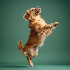 Wall Mural - playful dog jumping pastel green background