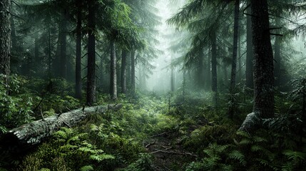 Poster - Misty morning light filters through forest trees nature scene tranquil environment serene viewpoint wilderness concept