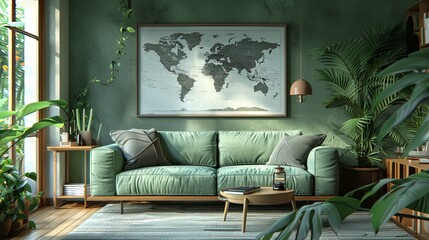 Wall Mural - Lush Green Living Room with World Map and Abundant Tropical Plants