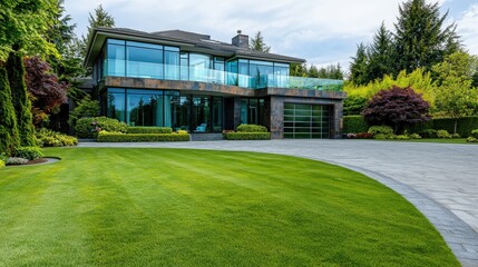 Aufkleber - Modern luxury home exterior with glass windows a showcase of architectural design in a residential neighborhood