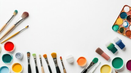Aufkleber - Various brushes, scissors, and paints are neatly arranged on a white surface, providing a clean backdrop for DIY crafts and artistic endeavors. Generative AI