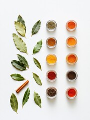 Poster - Small jars of vibrant spices and bay leaves are beautifully arranged on a white background, offering ideas for flavorful dishes and recipes. Generative AI