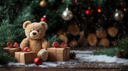 The Christmas fireplace background, beautifully decorated Christmas tree, luxurious gift boxes, cute teddy bears and snowflakes create a festive atmosphere, leaving ample blank space.