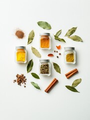 Poster - Vibrant spices in small jars are displayed with bay leaves and cinnamon sticks, creating an aromatic and visually pleasing setup suitable for cooking. Generative AI