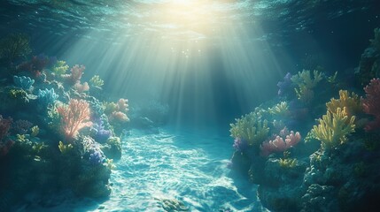 Poster - A serene underwater view of coral reefs, illuminated by sunlight piercing through clear ocean waves