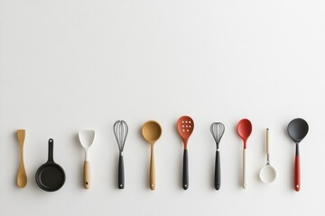 Aufkleber - Collection of kitchen utensils arranged neatly on a white background, ideal for culinary content and recipe presentations. Generative AI