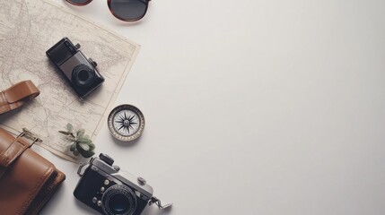 Poster - Prepare for your next adventure with essential travel items like a compass, map, and cameras, all ready for exploration and discovery. Generative AI