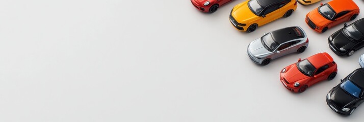 Poster - Various miniature car models are neatly arranged on a pristine white background, providing ample space for creative text and graphics. Generative AI