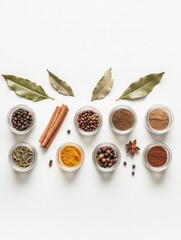 Aufkleber - Aromatic spices in small jars, including cinnamon sticks and bay leaves, are arranged neatly on a white surface with ample copy space. Generative AI